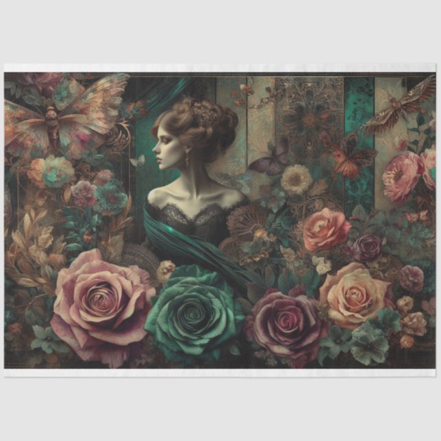 Ephemera Victorian Lady, Roses, Floral Decoupage Tissue Paper (Front)