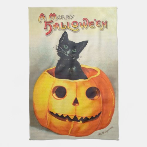 Ephemera Vintage Black Cat and Pumpkin Halloween Kitchen Towel