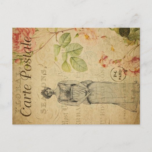 Ephemera Vintage French Woman Pink Roses Floral