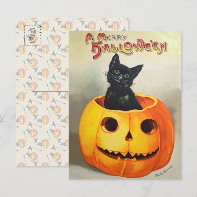 Ephemera Vintage Halloween Illustration Black Cat Postcard (Front/Back)