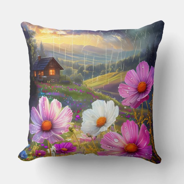 Ephemeral Bloom: A Symphony of Rain and Light Throw Pillow (Front)