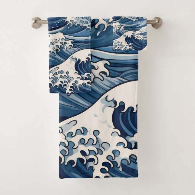 Ephemeral Crests: Hokusai Waves Reimagined Bath Towel Set (Insitu)
