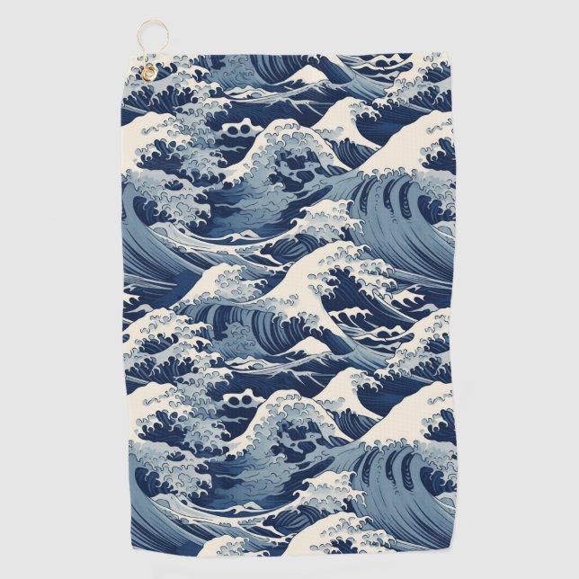 Ephemeral Crests: Hokusai Waves Reimagined Golf Towel (Front)