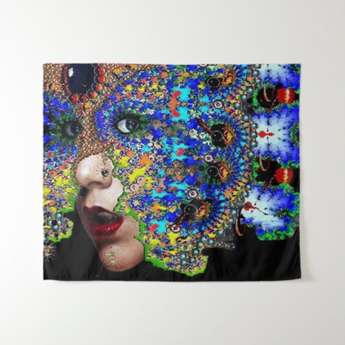 EPHEMERAL WOMAN WITH COLORFUL FRACTAL MASK TAPESTRY