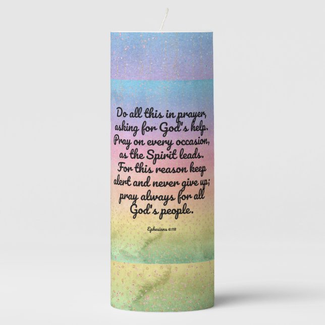 Ephesians 6:18 rainbow Bible Verse Prayer Pillar Candle (Front)