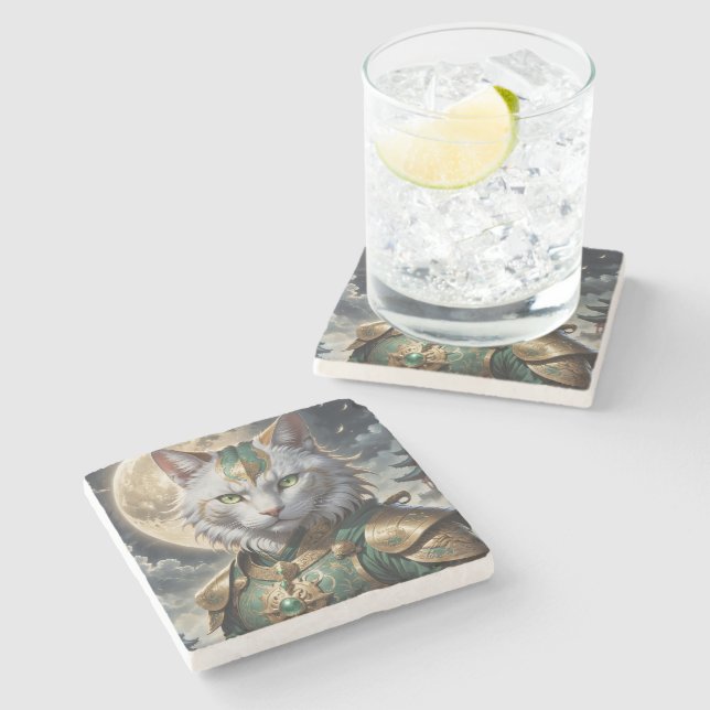 Epic Armored Cat Warrior Stone Coaster (Side)
