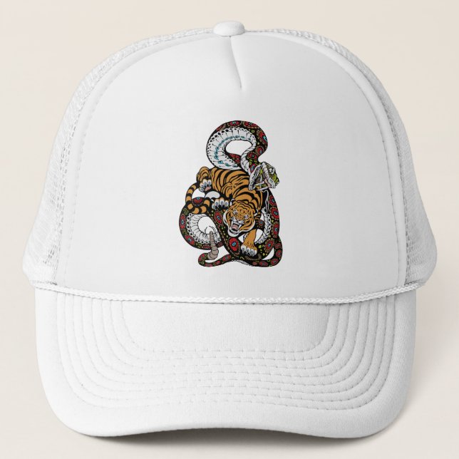 Epic Battle: Tiger vs. Snake Art Trucker Hat (Front)