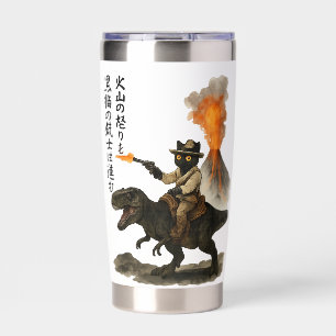 Epic Black Cat Cowboy Riding Dinosaur with Volcano Insulated Tumbler