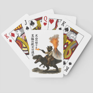 Epic Black Cat Cowboy Riding Dinosaur with Volcano Poker Cards
