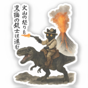 Epic Black Cat Cowboy Riding Dinosaur with Volcano Sticker