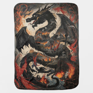 Epic Black Dragon Over Burning Castle Fantasy Art Baby Blanket