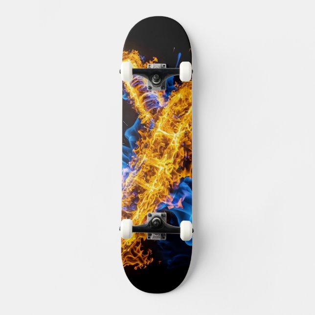 Epic Blue Orange Flame Abstract Magic Energy Skateboard (Front)