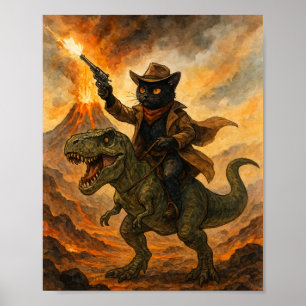 Epic Cowboy Cat Riding Dinosaur – Bold Watercolor Poster