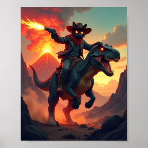Epic Cowboy Cat Riding Dinosaur Fantasy Sci-Fi Poster