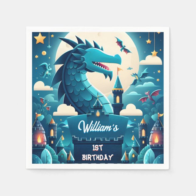 Epic Cute Kids Hero Boys Girls Dragon 1st Birthday Napkins (Front)