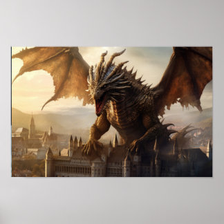 Epic Dragon Over Medieval City Poster