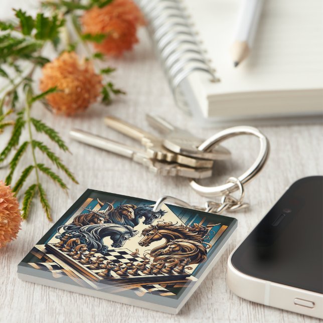 Epic Fantasy Chess with Knight Horses Keychain (Front Right)