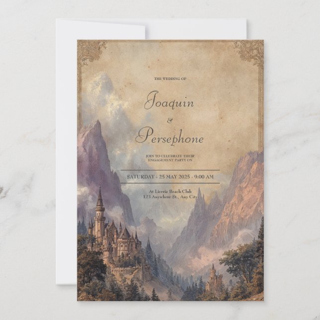 Epic Fantasy Mountain Castle Antique Frame Wedding Invitation (Front)