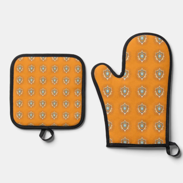 Epic Fantasy Shield with Radiant Energy Burst – Ma Oven Mitt & Pot Holder Set (Front)