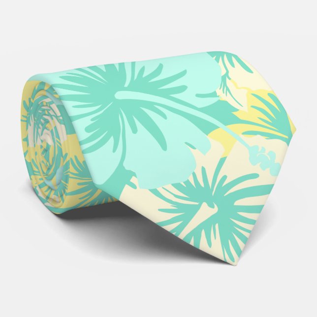 Epic Floral Hibiscus Hawaiian Mint Green Neck Tie (Rolled)