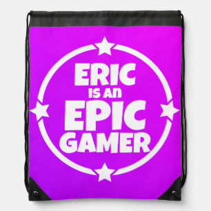 Epic Gamer Neon Purple Star Kids Name Drawstring Bag