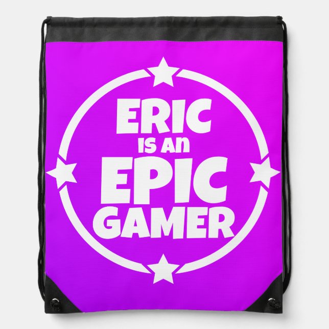 Epic Gamer Neon Purple Star Kids Name Drawstring Bag (Front)