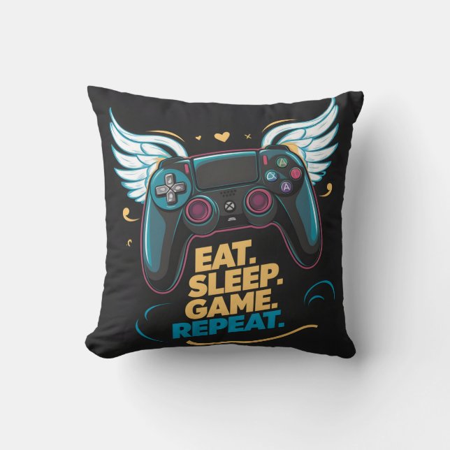 Epic Gaming Gear.  Eat. Sleep. Game. Repeat. Winge Throw Pillow (Front)