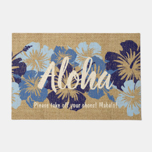Aloha Hibiscus Flower Laser Engraved Welcome Mat 100% Natural Coir Fiber