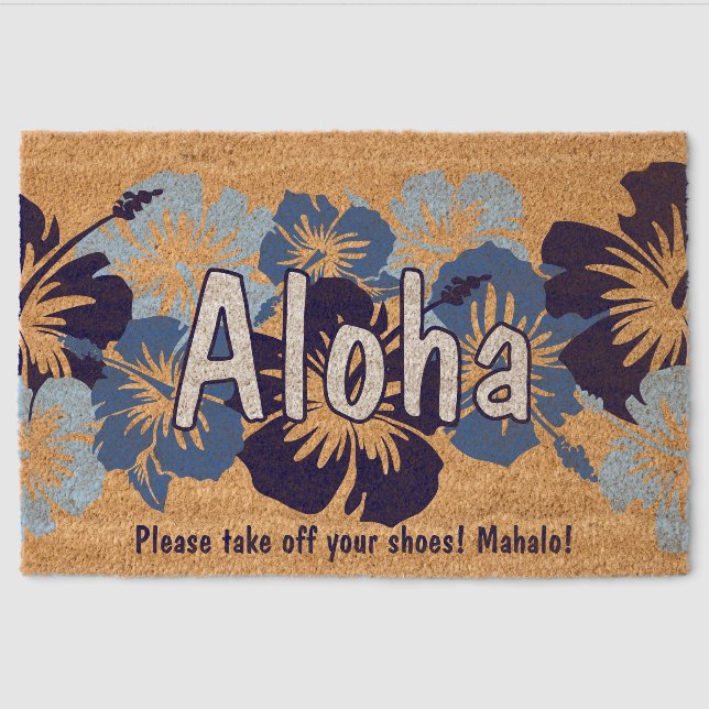 Epic Hibiscus Hawaiian Floral Aloha - Blue Fiber Doormat (Front)