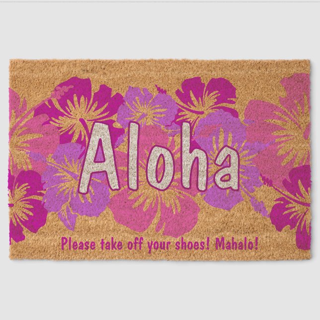 Epic Hibiscus Hawaiian Floral Aloha - Fuchsia Fiber Doormat (Front)