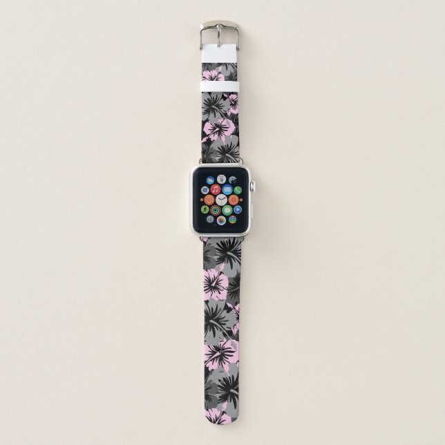 Epic Hibiscus Hawaiian Floral Aloha Pink and Gray Apple Watch Band (Front)