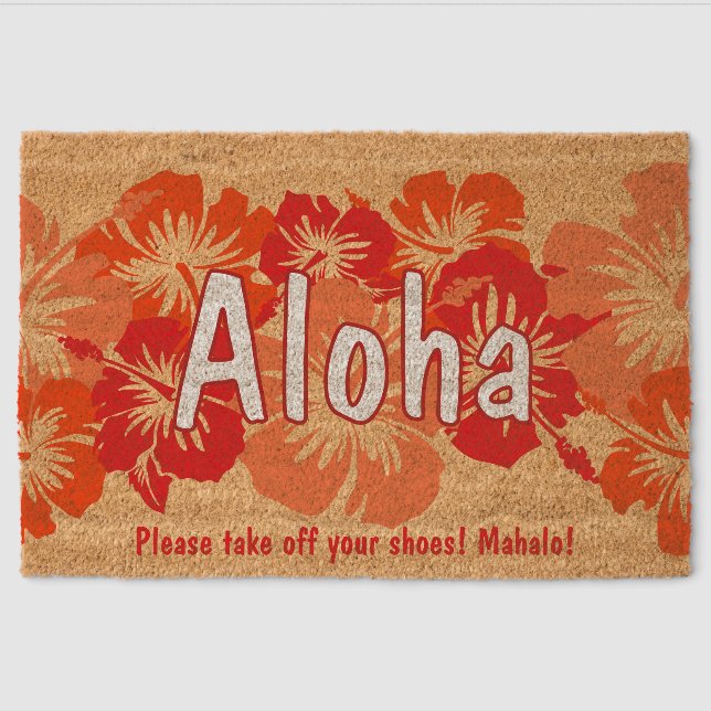 Epic Hibiscus Hawaiian Floral Aloha - Red Fiber Doormat (Front)