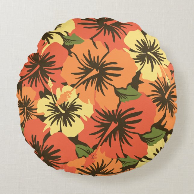 Epic Hibiscus Hawaiian Floral Aloha Shirt Print Round Pillow (Front)