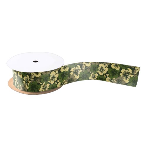 Epic Hibiscus Hawaiian Floral Olive Green Satin Ribbon