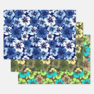 Epic Hibiscus Hawaiian Floral Trio- Blue & Olive Wrapping Paper Sheets