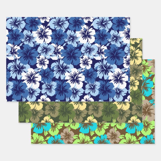 Epic Hibiscus Hawaiian Floral Trio- Blue & Olive Wrapping Paper Sheets (Set)
