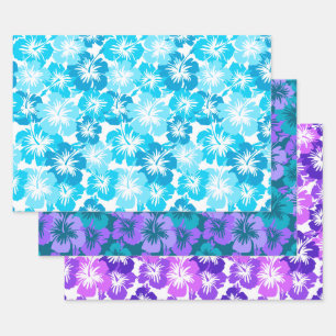 Epic Hibiscus Hawaiian Floral Trio- Turq & Purple Wrapping Paper Sheets