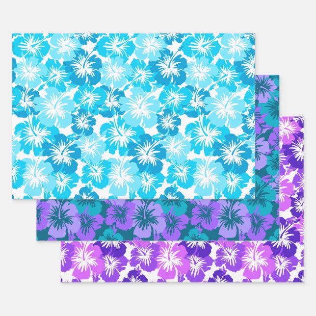 Epic Hibiscus Hawaiian Floral Trio- Turq & Purple Wrapping Paper Sheets (Set)