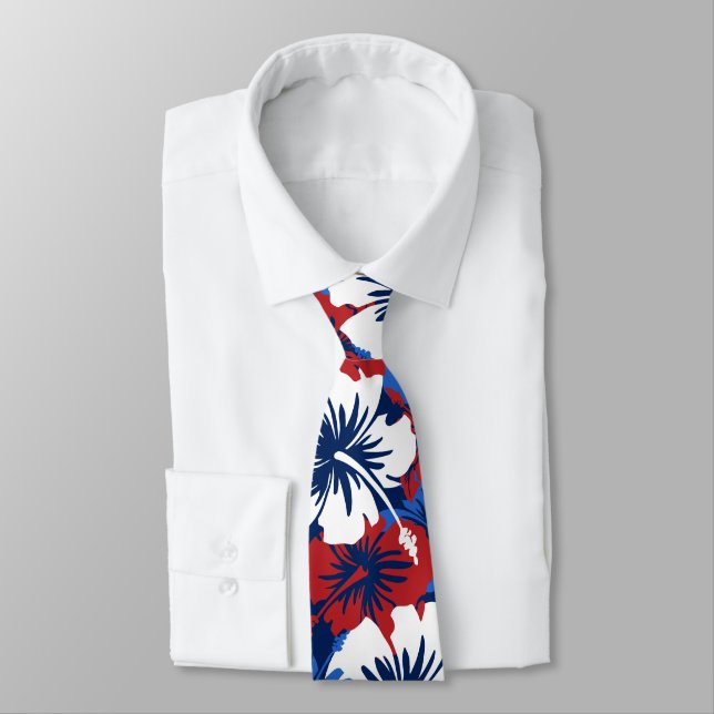 Epic Hibiscus Hawaiian Floral Two-sided Printed Tie (Tied)