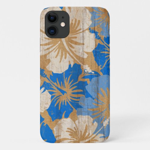 Epic Hibiscus Vintage Surfboard Faux Wood in Blue iPhone 11 Case