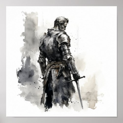 Epic Knight in Action _ Black and White Sword Post Poster