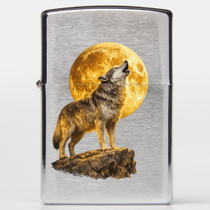 Epic Majestic Howling Wolf Golden Moon Genuine Zip Zippo Lighter