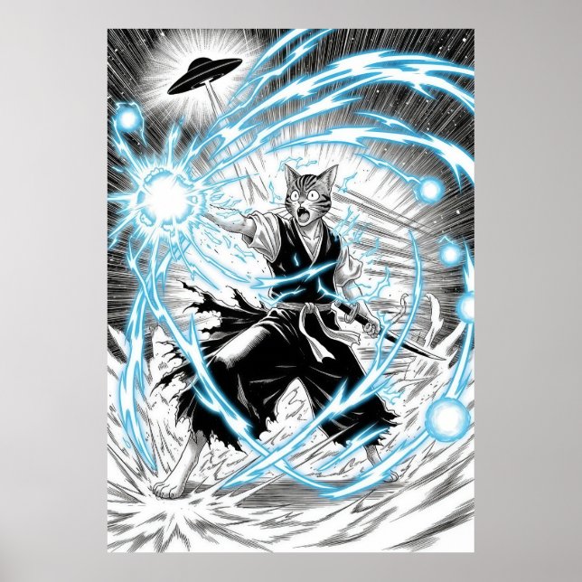 Epic Manga Style Cat Warrior Energy Blast UFO Poster (Front)