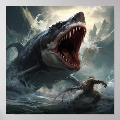 Epic Megalodon vs T-Rex Poster - A Battle of Prehi