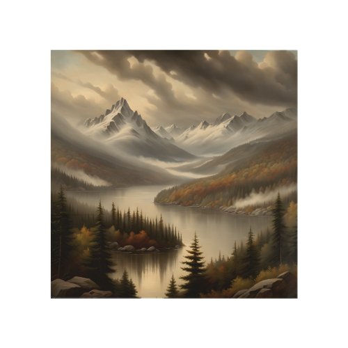 Epic Misty Mountain Hudson River School Painting Wood Wall Art