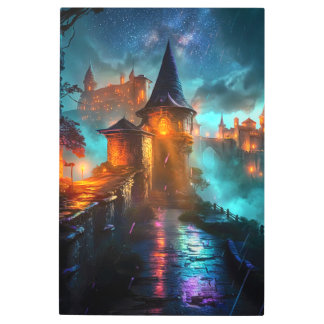 Epic Neon Cyberpunk Fortress Glowing Night Sky Metal Print