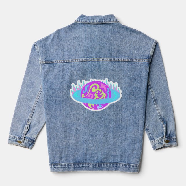 Epic Neon Saturn Flaming Planet Fun Denim Jacket (Back)