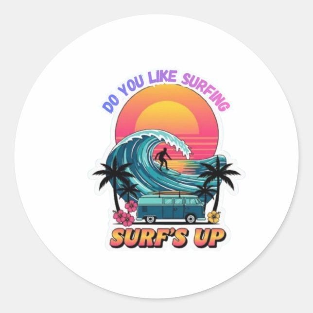 Epic Ocean Wave Surfer - Tropical Surfing Adventur Classic Round Sticker (Front)