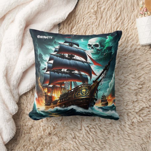 Epic Pirate Ship Battling Stormy Seas at Dusk Throw Pillow