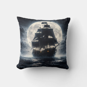 Epic Pirate Ship Moon Throw Pillow – Dark Ocean Pi